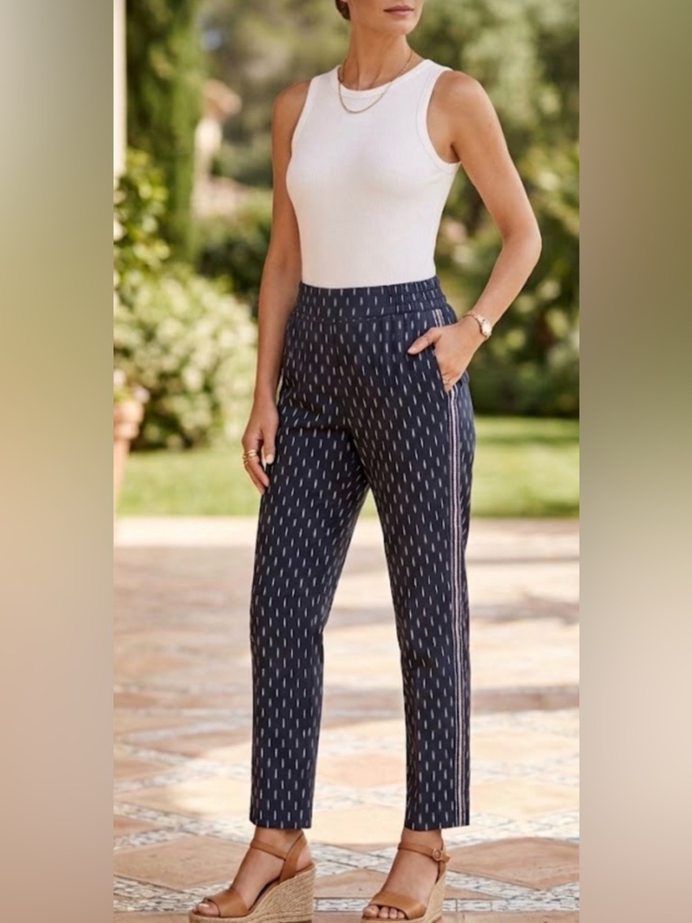 100%Cotton J. Crew Navy Pin-Dot Straight-Leg Pull-On Pants with Side Stripe